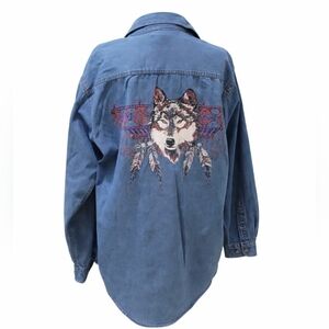 Allsport Vintage Unisex Sz M Denim Chambray Button Up Shirt Native American Art